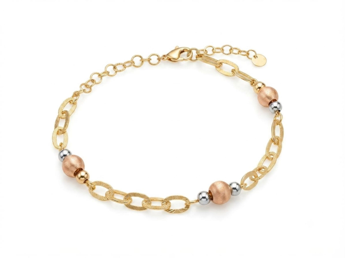 Brățară Damă Aur 14K Tricolor, Model Zale Ovale și Sfere Multicolore, Reglabila [1]