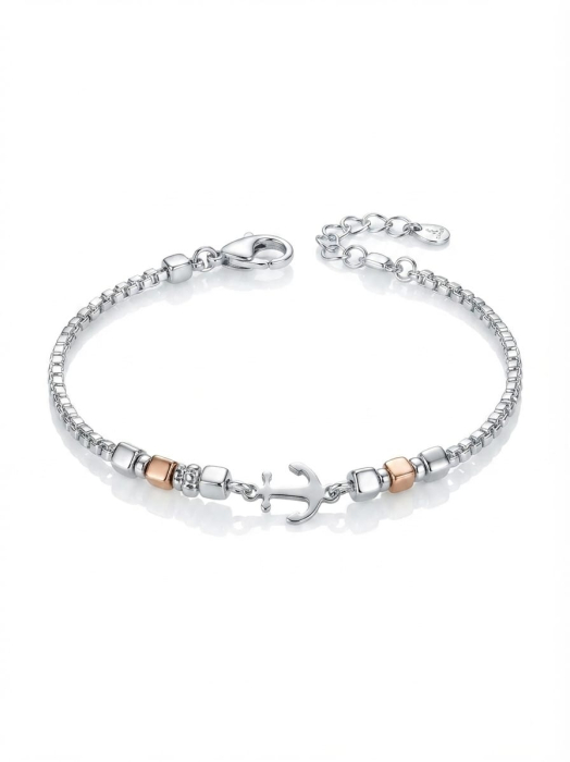 Brățară din Argint 925 cu Lanț Venetian, Pandantiv Ancoră și Cuburi Bicolore Rose Gold, 19+3 cm, 7.60g [1]