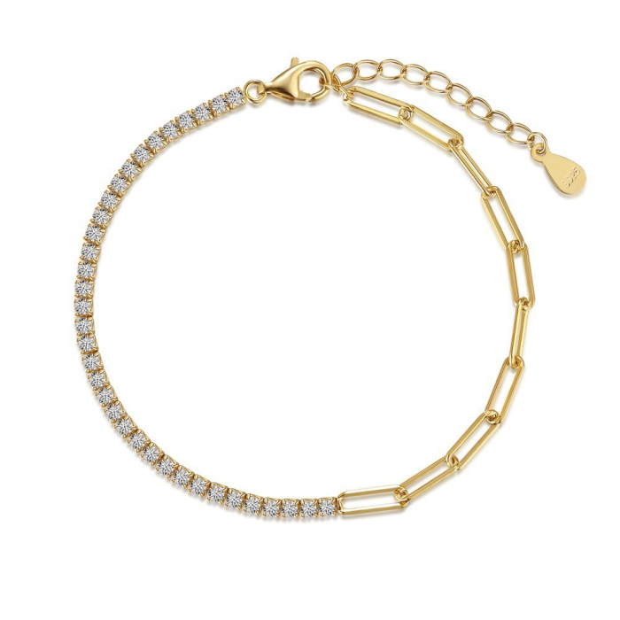 Brățară din Argint 925 Placat cu Aur Galben – Design Dual Paperclip & Tennis [2]