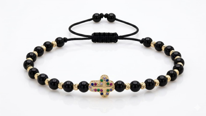 Brățară Reglabilă cu Onix, Aur Galben 14K și Cruce cu Zirconii Multicolore [1]
