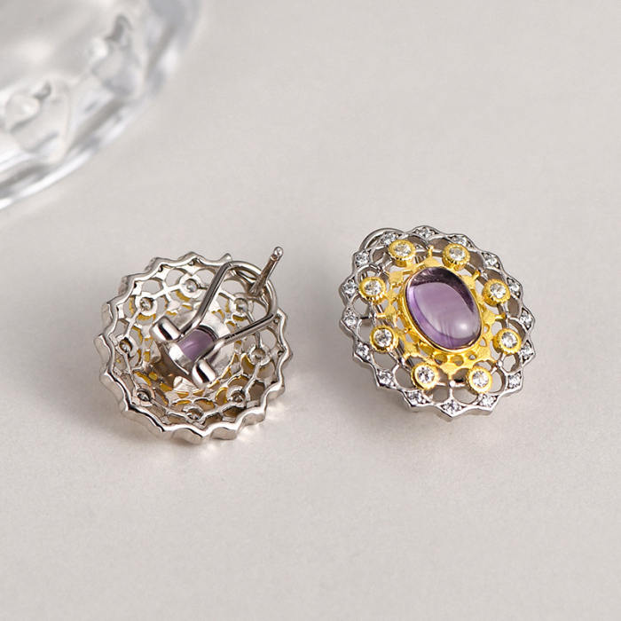 Cercei din Argint 925 Bicolor - Vintage Amethyst Filigree (Clips-Șurub) [1]