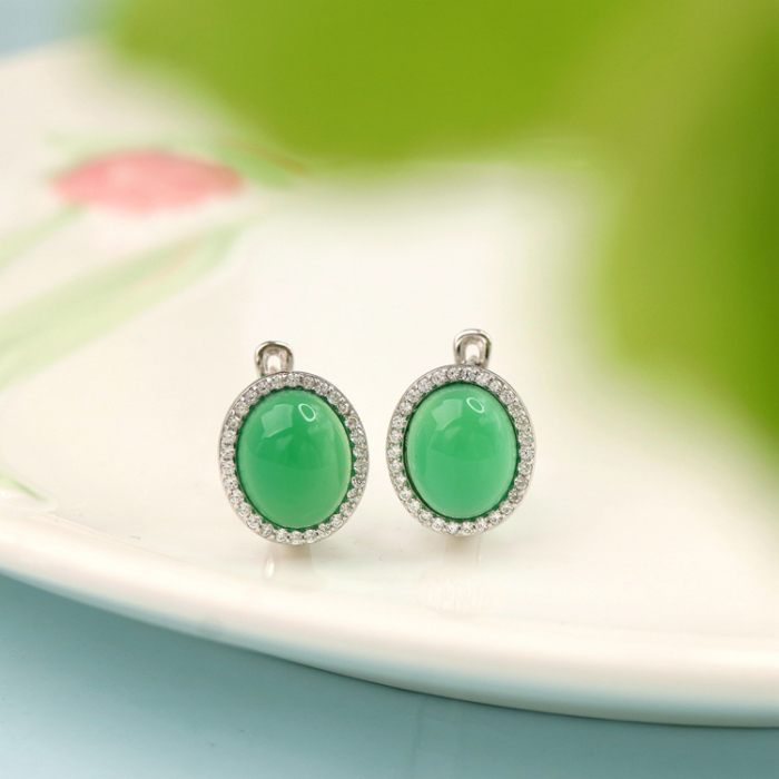 Cercei din Argint 925 cu Jad Verde Cabochon și Halou de Zirconiu [2]