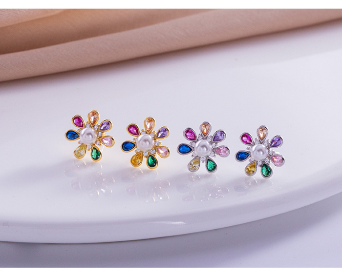 Cercei din Argint 925 „Gaya Flower” – Cu Perlă, Cristale Multicolore și Zirconii Fin [1]