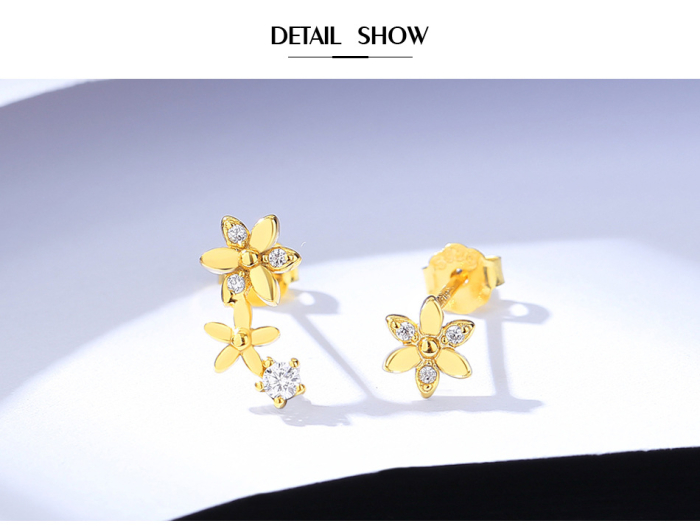 Cercei din Argint 925 Placat cu Aur Galben – Model "Double Flower" cu Zirconiu [2]