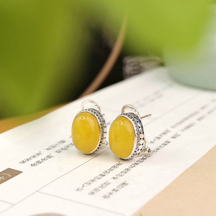 Cercei din Argint 925 Vintage Sun Drop cu Chihlimbar Cabochon, 1.5 cm – Colecția Amber Glow [2]