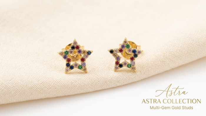 Cercei din Aur Galben 14K "Astra Star" cu Cristale Multicolore (Multi-Gem) [1]