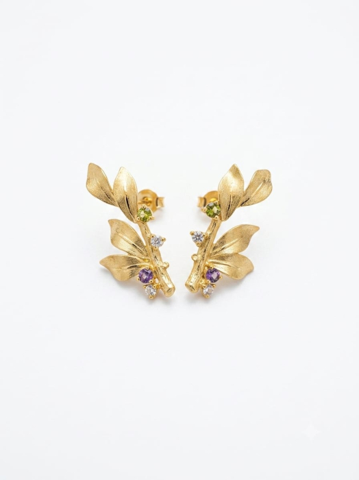 Cercei Statement din Argint 925 Placat cu Aur – Design Botanic cu Frunze și Pietre Multicolore, Lungime 3 cm (4,8g) [1]