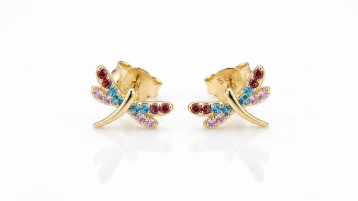 Cercei Stud din Aur Galben 14K Libelulă cu Cristale Multicolore Zirconi [1]