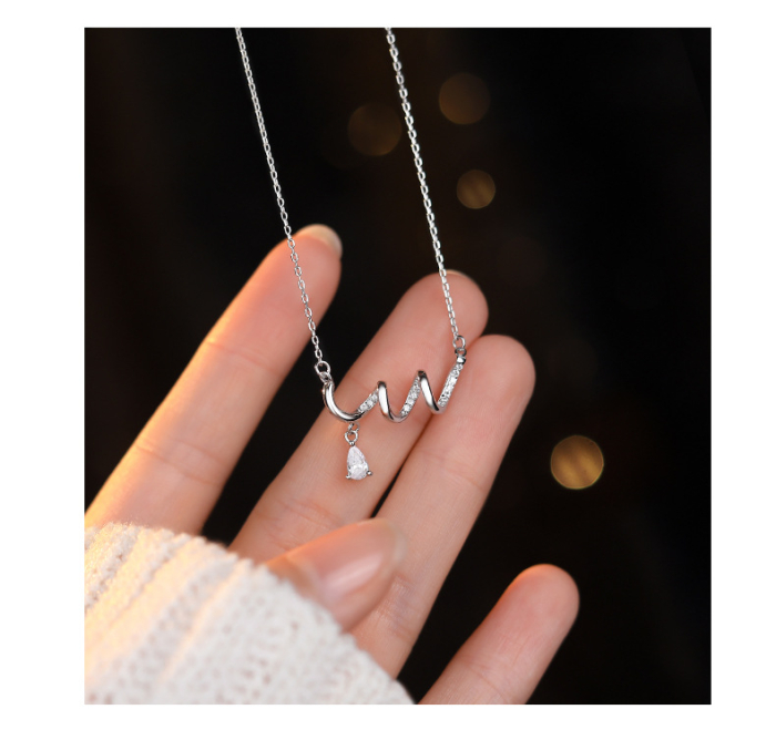 Colier din Argint 925 Rodiat – Model "Fluid Wave" cu Zirconiu Teardrop [2]