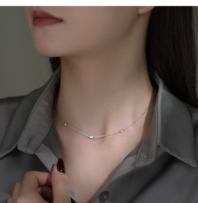 Colier din Argint 925 Rodiat – Model Minimalist cu Inimioare pe Lanț [2]
