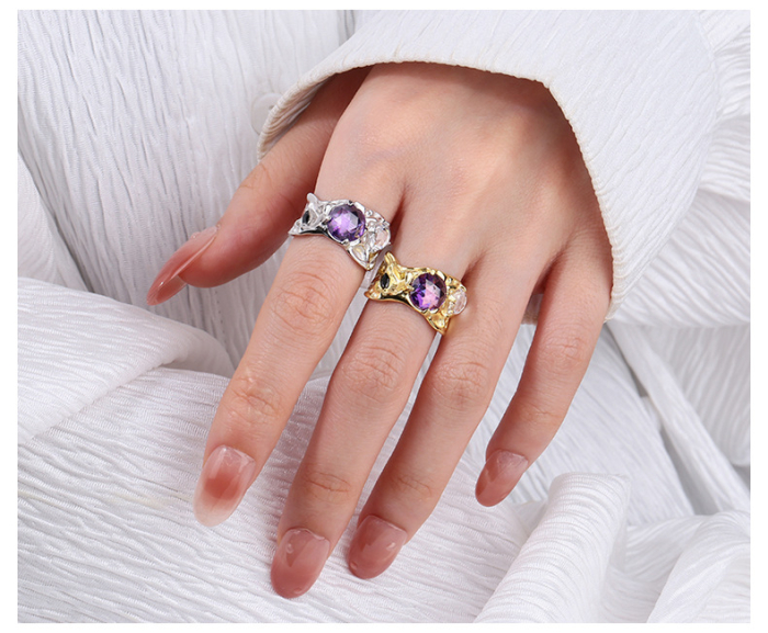 Inel Argint 925 „Gothic Amethyst” – Design Organic cu Cristale Violet și Negre [4]