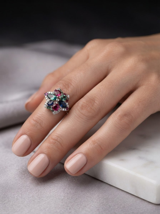 Inel Cocktail din Argint 925 „Kaleidoscope Flower” cu Cristale Multicolore (3.15g) – O Explozie de Culoare și Rafinament [1]