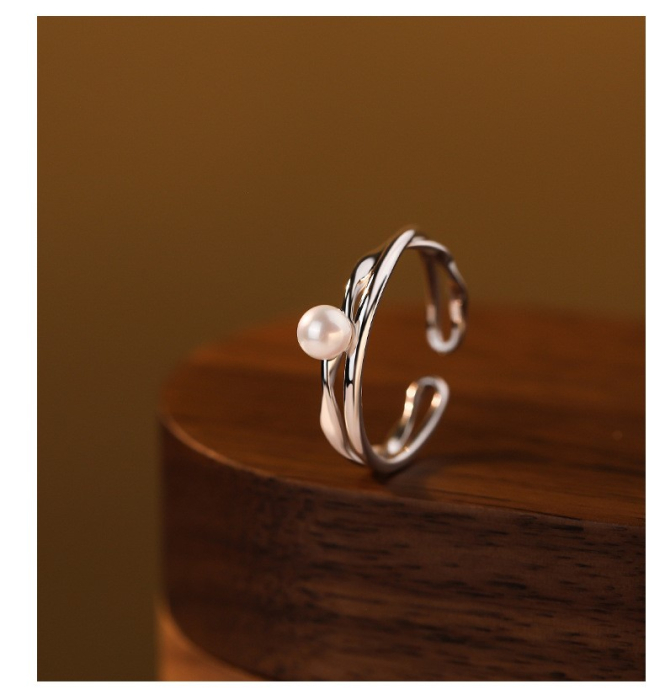 Inel din Argint 925 Rodiat cu Bandă Dublă Ondulată și Perlă – Ocean Wave Pearl [2]