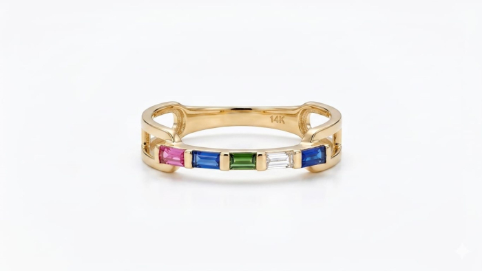 Inel din Aur Galben 14K Rainbow cu 5 Cristale Baghetă Multicolore [1]