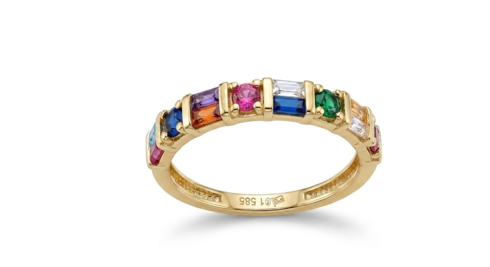 Inel Semi-Eternity din Aur Galben 14K cu Cristale Multicolore și Tăieturi Mixte (Rainbow Ring) [1]