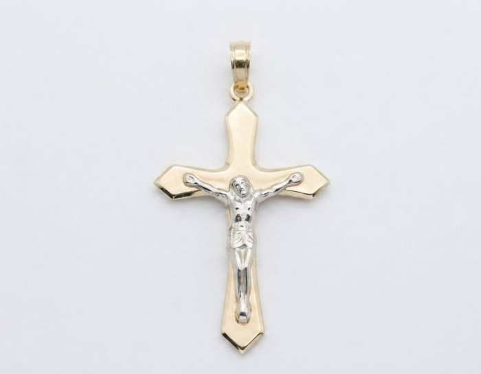 Pandantiv Crucifix Bicolor din Aur 14K – Corp Aur Galben și Corpul lui Iisus din Aur Alb, 2.14g, 4cm [1]