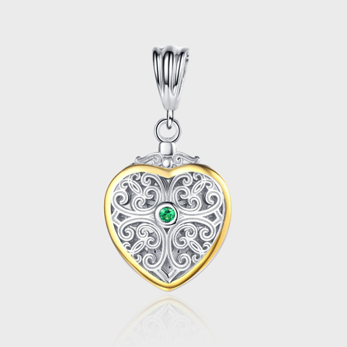 Pandantiv din Argint 925 Bicolor – Model Inimă Vintage Filigranată cu Zirconiu Verde Smarald [1]