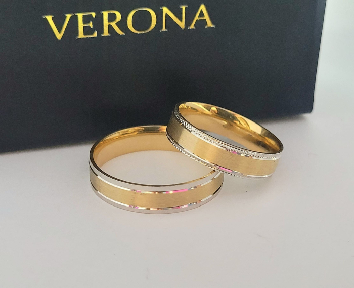 Verighete Bicolore din Aur 14K cu Bandă Satinată, Margini din Aur Alb și Detaliu Perlat Verona [1]