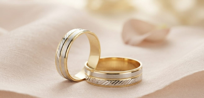 Verighete Bicolore din Aur 14K – Design Clasic cu Textură Diamantată și Finisaj Satinat [1]