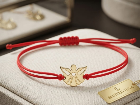 BRATARI SNUR AUR 14K - Bratara pe snur rosu cu ingeras din aur galben de 14K