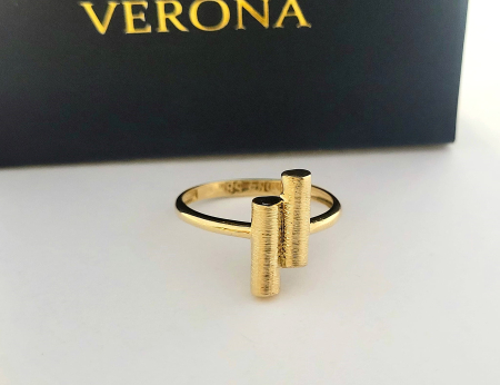 Inele aur 14k - Inel Minimalist din Aur Galben 14K cu Bare Cilindrice Texturate