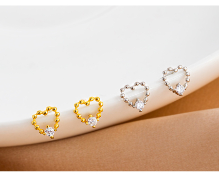 Cercei argint - Cercei Stud din Argint 925 „Beaded Heart” – Cu Inimi Perlate și Cristal Solitar Zirconiu