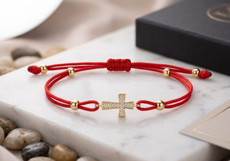 BRATARI SNUR AUR 14K - Brățară din Aur Galben 14K cu Șnur Roșu Reglabil și Cruce cu Zirconii