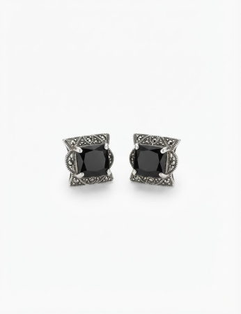 OUTLET - Cercei din Argint 925 Antichizat cu Onix Negru Princess Cut și Marcasite – Stil Vintage Regal