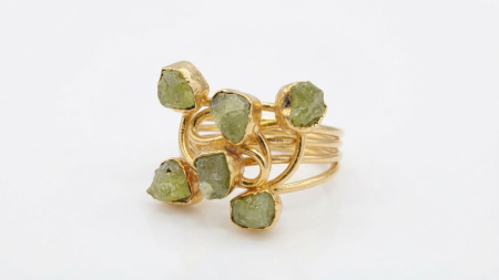 OUTLET - Inel Masiv din Argint 925 Placat cu Aur cu Peridot Brut – Raw Green Multi-Stone Spiral