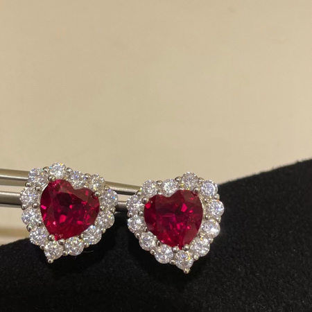Cercei argint - Cercei din Argint 925 „Crimson Heart” – Inimă Roșie cu Halo din Zirconii