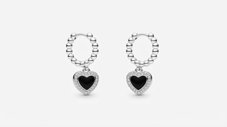 OUTLET - Cercei Huggie din Argint 925 Black Heart Charm, cu Email și Zirconiu
