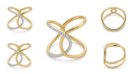 Inele aur 14k - Inel din Aur Galben 14K cu Pietre Zirconiu, Design Crossover Asimetric