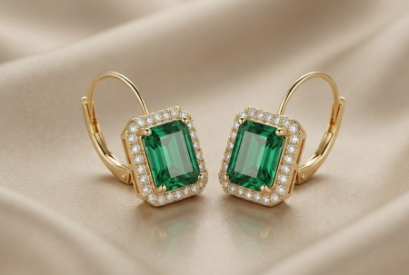 bijuterii aur - Cercei Emerald Cut din Aur Galben 14K cu Halo Rectangular de Cristale – 5.00 gr, 2.5 cm