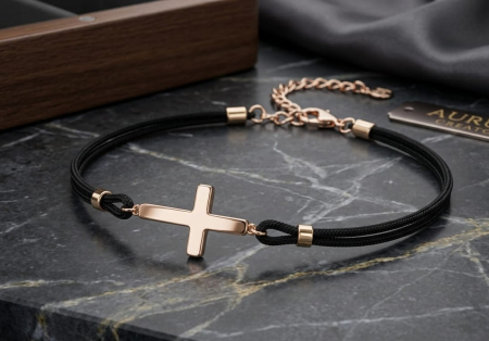 BRATARI SNUR AUR 14K - Brățară Reglabilă din Aur Roz 14K cu Șnur Negru și Pandantiv Cruce Orizontală