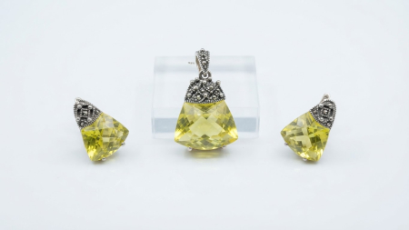 OUTLET - Set Bijuterii din Argint 925 cU PIATRA  Lemon și Marcasite – Eleganță Vintage Rafinată