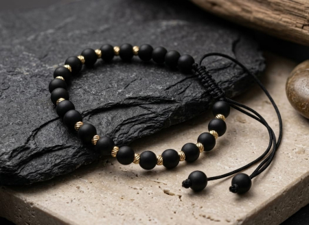 BRATARI SNUR AUR 14K - Brățară din Aur Galben 14K cu Pietre Semiprețioase de Onix Mat și Șnur Reglabil