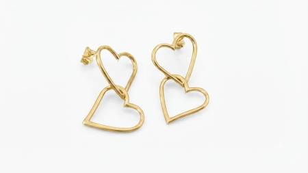 Cercei aur 14k - Cercei din Aur Galben 14K Inimi Îngemănate – Lungime 2.8 cm, 1.94g