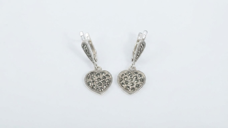 OUTLET - Cercei din Argint 925 Toartă cu Pandantiv Inimă și Marcasite – Eleganță Vintage Atemporală