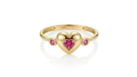 Inele aur 14k - Inel Romantic Aur 14K, Inimă Centrală Fucsia și Pietre Laterale