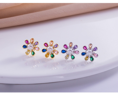 Cercei argint - Cercei din Argint 925 „Gaya Flower” – Cu Perlă, Cristale Multicolore și Zirconii Fin