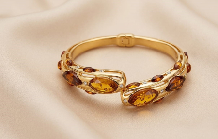 Bijuterii argint 925 - Brățară Argint 925 „Amber Horizon” – Design Fix Placat cu Aur și Chihlimbar Natural