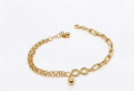 bratari aur 14k - Brățară Asimetrică din Aur Galben 14K – Model Infinit, Lanț Dublu și Pandantive Sferice