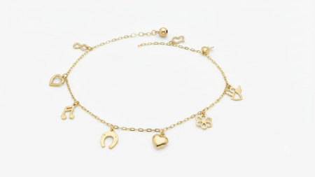 bratari aur 14k - Brățară PICIOR Aur 14K cu 9 Talismane Mixte – Inimă, Noroc și Simboluri Divine