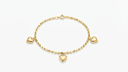bijuterii aur - Brățară Aur 14K cu Bile Diamantate și 3 Pandantive Inimă Lucioase