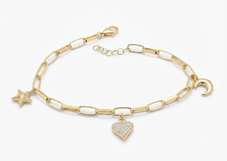 bijuterii aur - Brățară Aur 14K cu Charms: Inimă Pavată, Lună și Stea Texturată