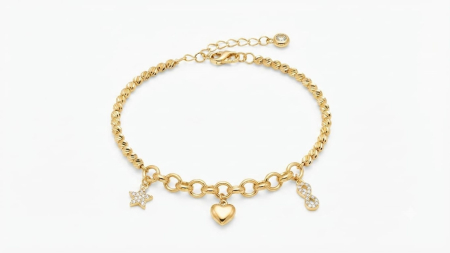 bratari aur 14k - Brățară Aur 14K cu Charms: Inimă, Stea și Infinit Pavate cu Cristale
