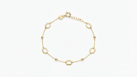 bijuterii aur - Brățară Aur 14K cu Hexagoane și Bile – Design Geometric Minimalist