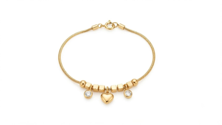 Bijuterii copii - Brățară Aur 14K cu Inimă, Cuburi și Cristale Zirconiu – 3g, 15cm