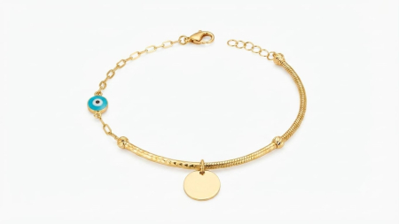 Bijuterii copii - Brățară Aur 14K cu Ochi Norocos, Bănuț și Lanț Hibrid – 2.1g, 15+2cm