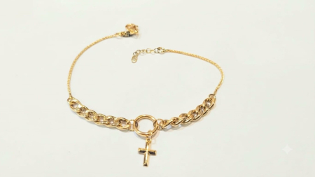bratari aur 14k - Brățară Aur 14K cu Zale Grumet și Pandantiv Cruce Stilizată